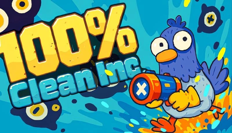 100% Clean Inc.: Cartoon blue bird holds a blaster amidst swirling yellow circles, set against a vibrant blue background.