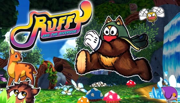 A cartoon bear in a hooded cape leaps through a vibrant forest with colorful mushrooms, flowers, and animals.