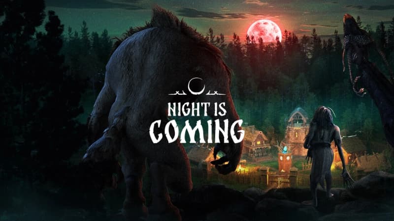 A large beast and a woman stand overlooking a village at night, with a red moon glowing above.