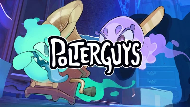 Colorful cartoon ghosts sneak through a spooky room, one possessing a gramophone, with playful mischief.