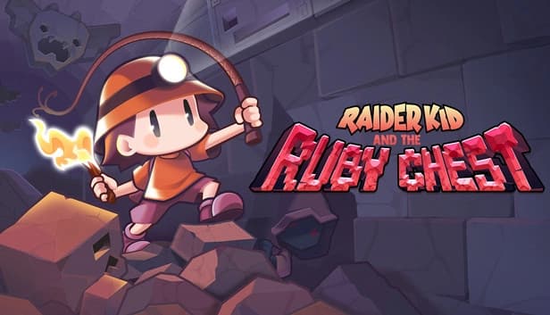 Young boy in explorer outfit with a helmet holds a flaming torch and whip, standing in rocky environment.