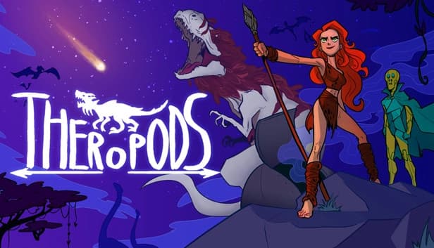 Young woman with red hair and spear stands on rock by dinosaur at dusk, alien man in cape behind.