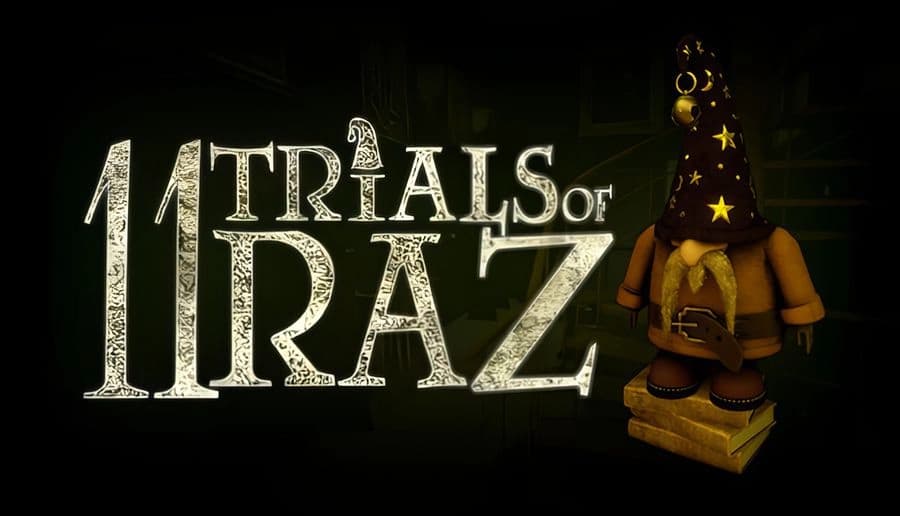 11 Trials of Raz: bearded wizard doll with star hat standing on a book pedestal in a dark green hallway with doors.