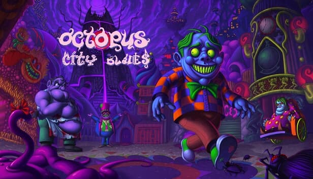 A purple-skinned clown with green hair and teeth grins menacingly in a vibrant, surreal cityscape at night.
