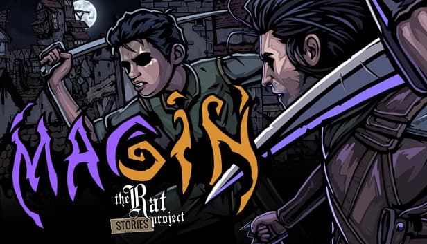 Two men with determined expressions wield weapons against a dark, crumbling cityscape with a moon.