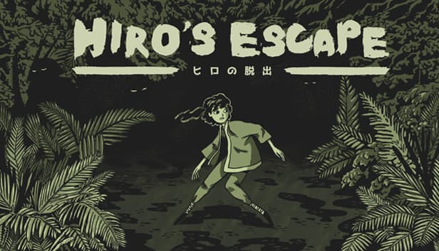 Hiro's Escape: A young boy sneaks through a dark, dense forest, surrounded by tall trees and thick foliage, in caution.