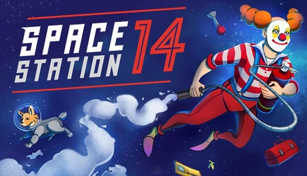Female clown with orange hair, striped outfit, floats in space holding a fire extinguisher, with dog.