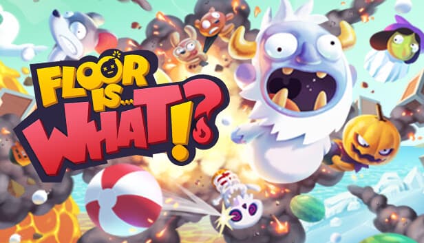 Cartoon characters in mid-air chaos, including a large yeti, a pumpkin head, and a flying witch.