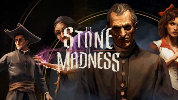 The Stone of Madness: A somber group of four figures in period clothing, one casting a spell, set against a dark backdrop.