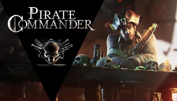 A rugged male pirate with a tricorn hat surrounded by skulls and bottles, leaning on a table.