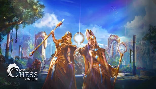 A young woman and man wearing ornate gold robes stand with staffs, surrounded by ancient ruins and glowing orbs.