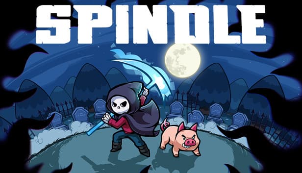 Spindle: Hooded skeleton figure with scythe and pink pig stand on hilltop, graveyard and moonlit sky in background.