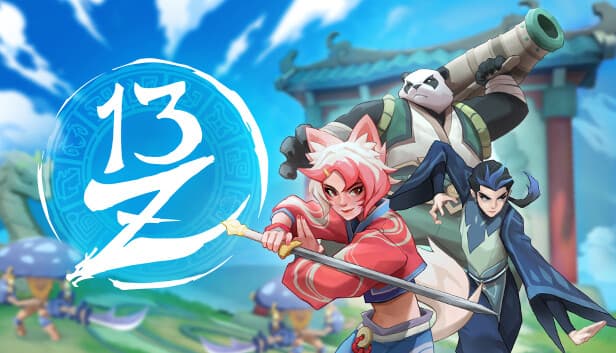 13Z: Humanoid fox, panda with cannon, and stern female warrior stand ready for battle in anime-style fantasy setting.