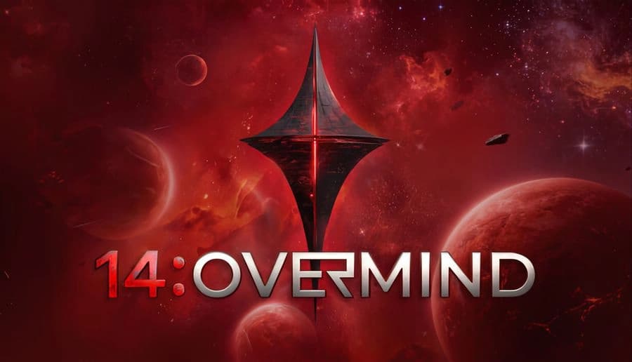 14: Black diamond-shaped spire glowing red in a red nebula, with small asteroids and distant planets around it.