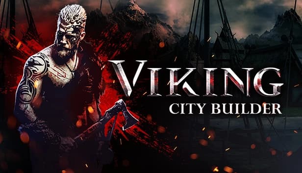 Muscular male Viking with tribal tattoos and armor wields dual axes amid embers and snowy mountains.