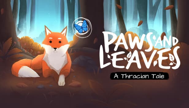 A serene forest scene with a cute orange fox lying on the ground. A blue butterfly floats nearby.