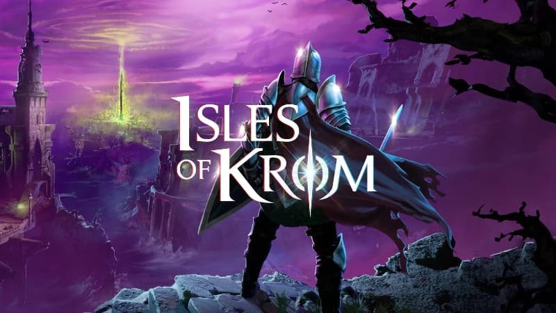 A knight wearing armor and a cape stands on a cliff, overlooking a mystical, glowing purple city.