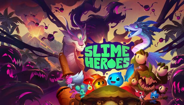 Colorful creatures gather around a central glowing light in a vibrant forest, beneath two looming dragons.