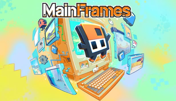 MainFrames: A pixelated floppy disk figure jumps from a retro computer, surrounded by floating digital windows and icons.