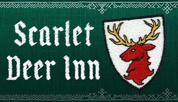 Decorative emblem shows a red deer with antlers on a white shield, set against a green background.