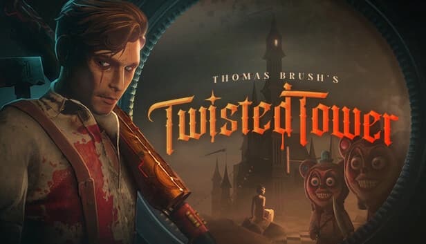 A man in a bloodstained shirt holds a weapon near a shadowy tower. Grinning figures with knives lurk close.
