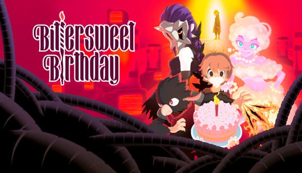 Bittersweet Birthday: A child with a cake stands amid eerie figures in a surreal environment with dark, twisted shapes.
