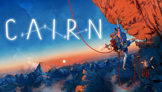 A climber hangs from a steep orange cliff, surrounded by a blue sky and a vast mountain range below.