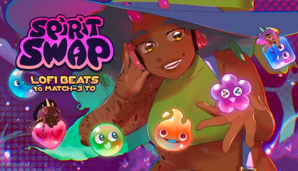 A young girl with headphones interacts with colorful, smiling spirit creatures in a vibrant, magical scene.