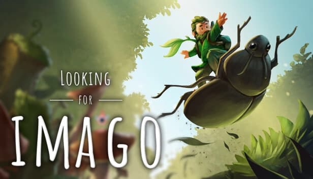 A young man in green foliage attire rides a giant beetle through a lush, vibrant forest scene.