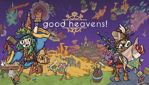 Two cartoon adventurers in colorful attire navigate a whimsical landscape with floating islands.