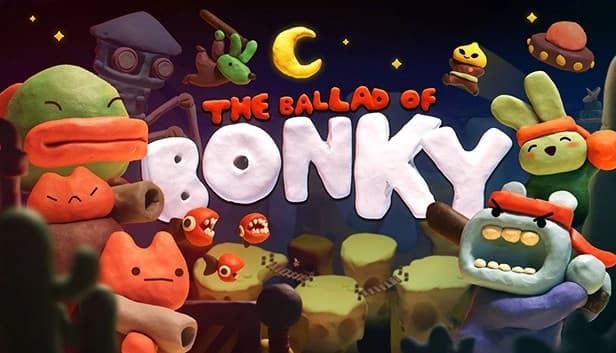 Claymation-style creatures with varied expressions and bright colors stand in a whimsical landscape at night.