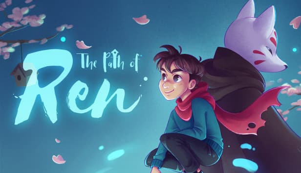 The Path of Ren: A boy in a red scarf smiles with a fox-like creature under cherry blossoms against a twilight sky.