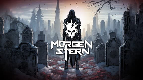 A cloaked figure stands in a misty graveyard, surrounded by tombstones and barren trees at dusk.