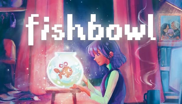 Young woman with purple hair admires glowing fishbowl and goldfish in a cozy room with pink curtains.