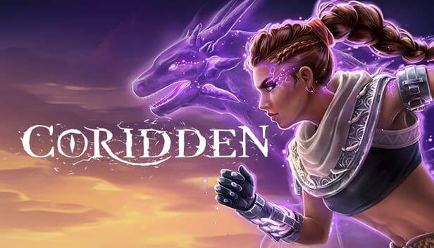 Coridden: Female warrior with braided hair and glowing veins runs alongside a purple dragon spirit against a sunset sky.