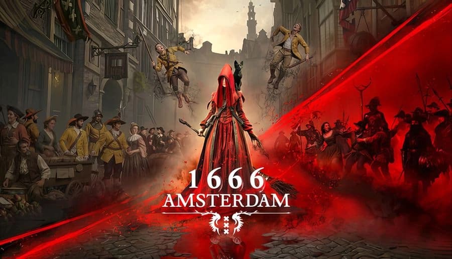 1666: Hooded woman in red cloak with sword faces armed soldiers and shadowy demons in a smoky cobblestone street.