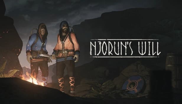 Two men in medieval attire stand near a campfire at night, holding a dagger, with a shield nearby.