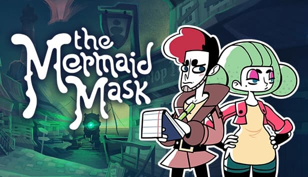 A man takes notes while a woman stands next to him in a ghostly town. They wear unusual detective attire.