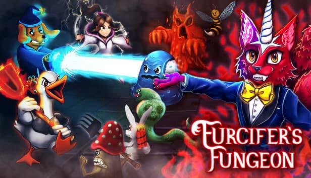 A fox in a suit and unicorn horn faces a duck with a trident in a colorful, fantasy-themed scene.