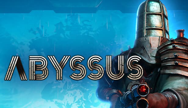 A figure in rusted armor with a helmet stands holding a weapon in a blue, underwater-themed background.