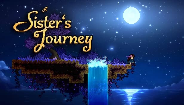 Young woman sits on a floating island's edge, under a glowing moonlit sky and beside a waterfall.