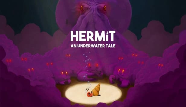 A small hermit crab stands under a spotlight, surrounded by menacing purple crabs and a giant octopus with red eyes.