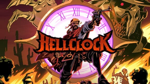 A bearded man in a trench coat points a gun, standing before a fiery clock. Skeletons lurk nearby.