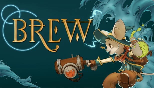 A young anthropomorphic mouse in a fantasy outfit wields a cannon and potion amidst swirling water magic.
