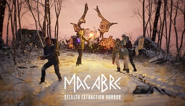 Three people in a snowy forest approach a glowing, ornate structure at sunset, casting shadows.