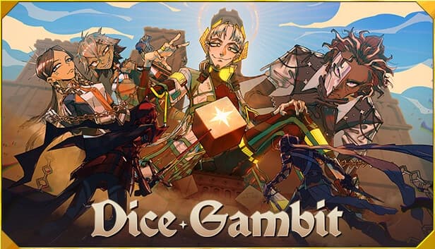 Four stylish, diverse characters are dynamically posed, holding a glowing die, with a city backdrop.