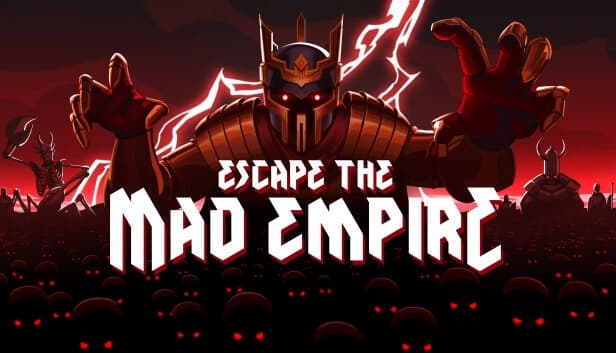 A giant armored figure with a glowing crown towers above red-eyed minions, red lightning behind.
