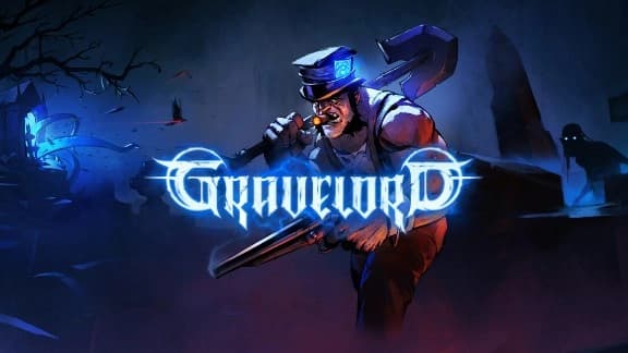 A muscular man with a top hat wields a shotgun and shovel in a graveyard; zombie lurks behind.