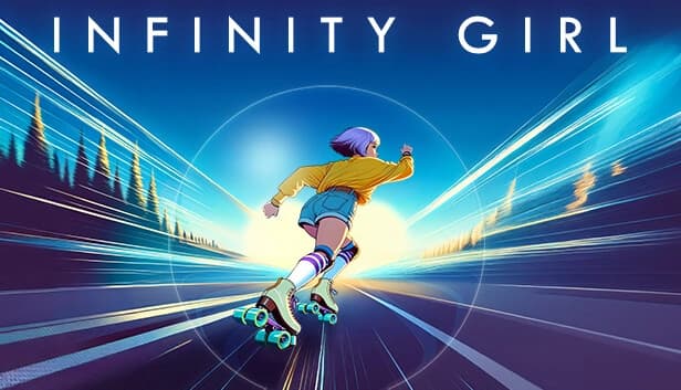 A young girl with purple hair roller skates energetically down a vibrant, futuristic highway at sunset.