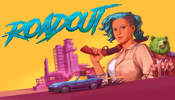RoadOut: A woman with teal hair holds a shotgun beside a race car and green bear in a vibrant industrial environment.